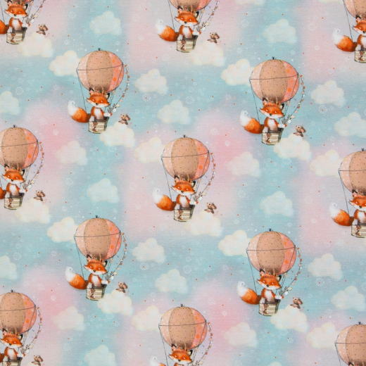 Swafing • French Terry - Little Fox and Friends - Fuchs im Heißluftballon - pastell/türkis