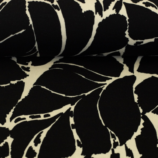 Sizilien - Viskosejersey Blätter in ecru/schwarz