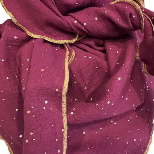 Musselintuch bordeaux mit Goldpunkten