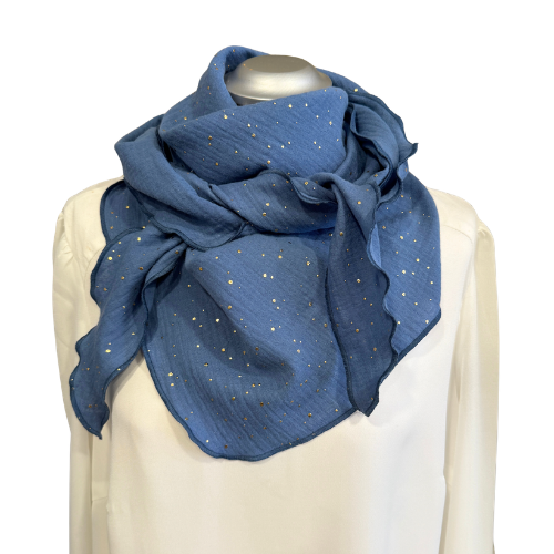 Musselintuch jeansblau mit Goldpunkten - Halstuch für Damen