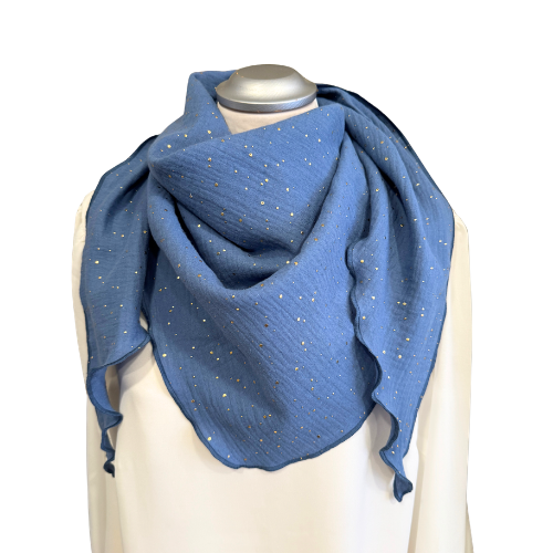 Musselintuch jeansblau mit Goldpunkten - Halstuch für Damen