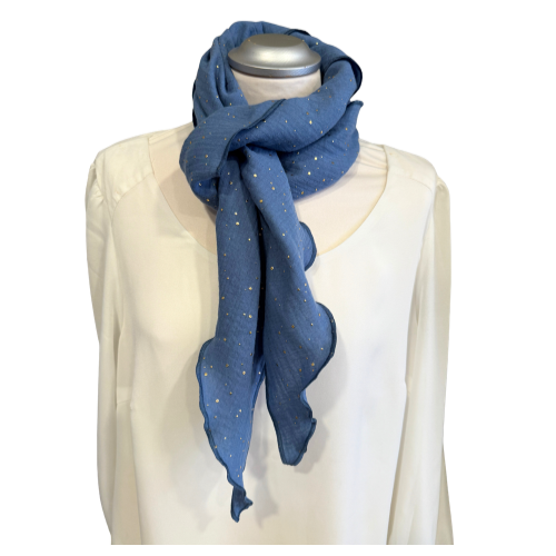 Musselintuch jeansblau mit Goldpunkten - Halstuch für Damen