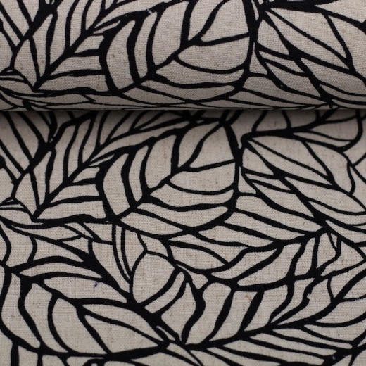 Padura - Viskose-Leinen-Stoff - Blätter in schwarz/beige