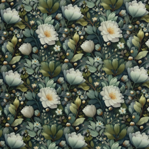 Flowing Bloom - Blüten, Blätter, ecru/khaki/dunkelgrau by Sarah Mariam Martindale >60.000, **wasserabweisend**