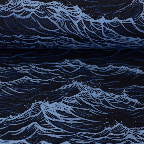 Baumwolljersey Ocean Waves by Thorsten Berger – Wellen auf Dunkelblau - von Swafing | Meterware