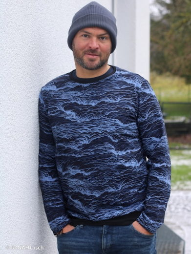 Baumwolljersey Ocean Waves by Thorsten Berger – Wellen auf Dunkelblau - von Swafing | Meterware