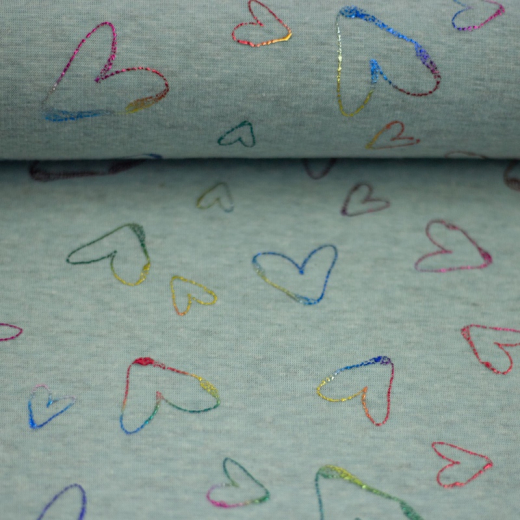 30cm Reststück - Alpenfleece Farsund - Herzen - melange mint