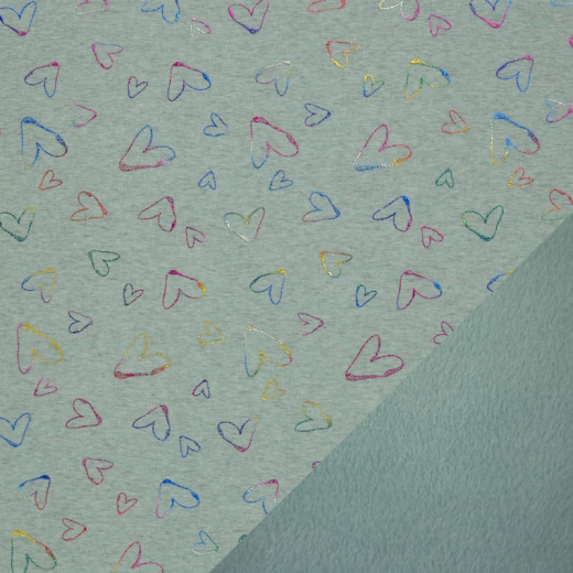 30cm Reststück - Alpenfleece Farsund - Herzen - melange mint