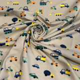 Jersey taupe mit bunten Fahrzeugen